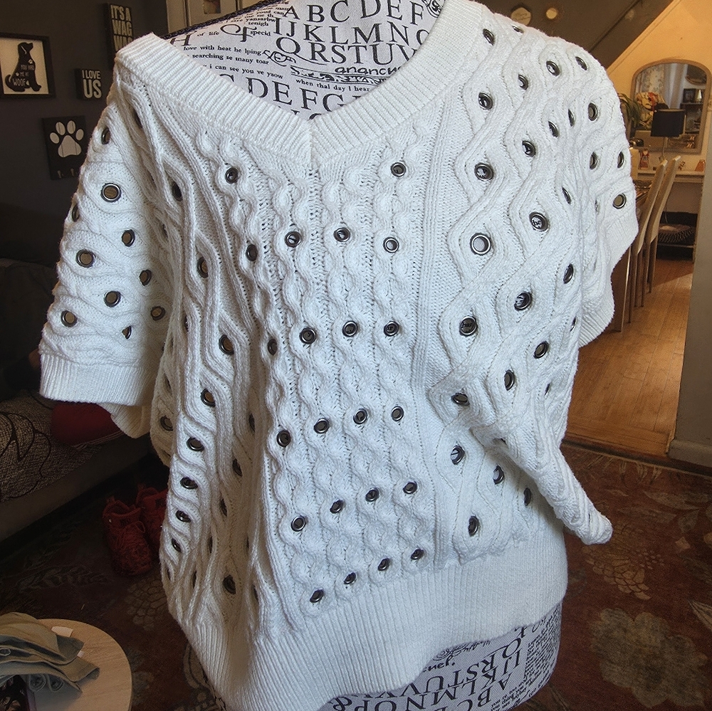Lysse Cream Cable-Knit Eyelet Short Sleeve Sweater